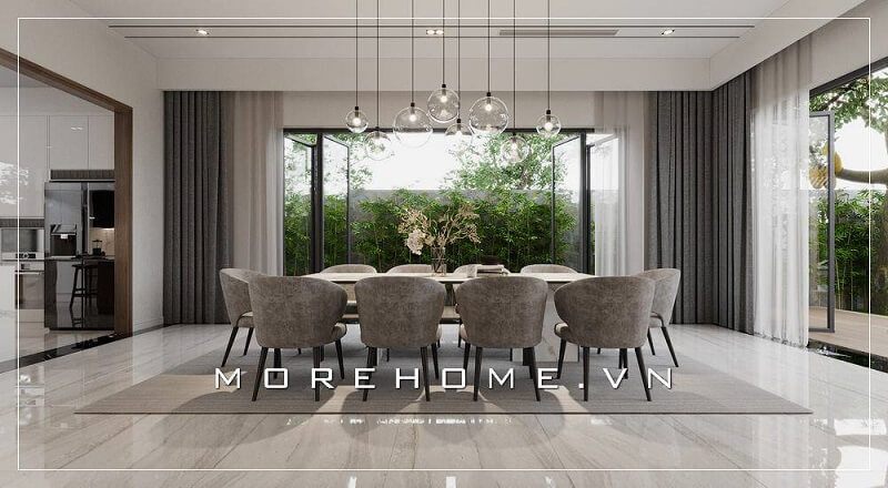 Mẫu thiết kế nội thất phòng ăn biệt thư được trang bị bộ bàn ghế ăn gỗ cao cấp góp phần tạo nên nét đẹp độc đáo cho không gian căn nhà.